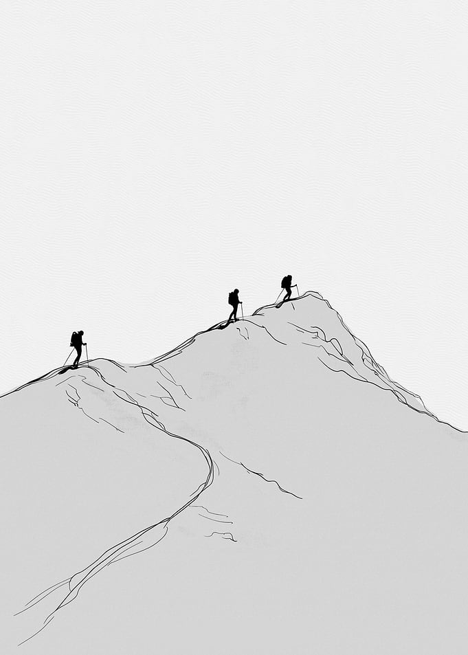 Hikers on a Snowy Mountain Peak