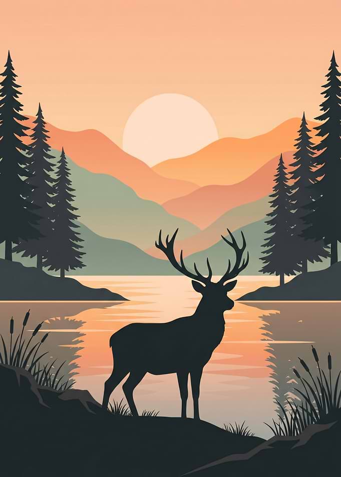 Deer by the Lake at Sunset