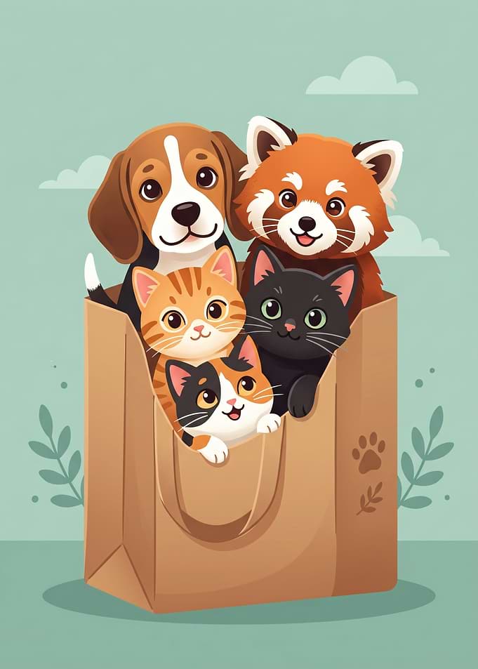 Cute animals in a paper bag