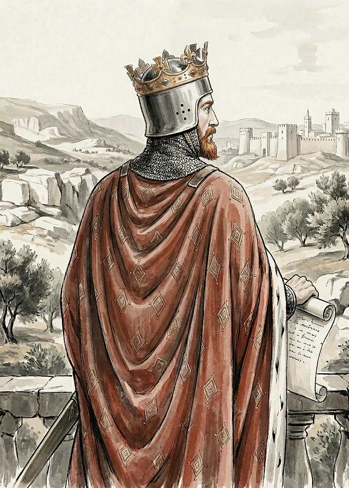 King with Crown and Scroll Overlooking City