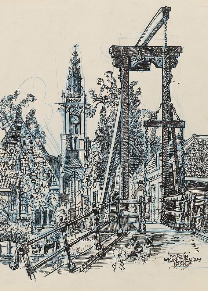 Dutch Canal Bridge and Church Tower