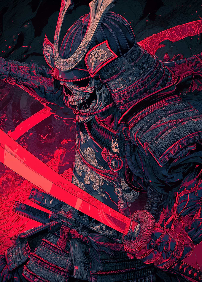 Skeleton Samurai with Glowing Swords