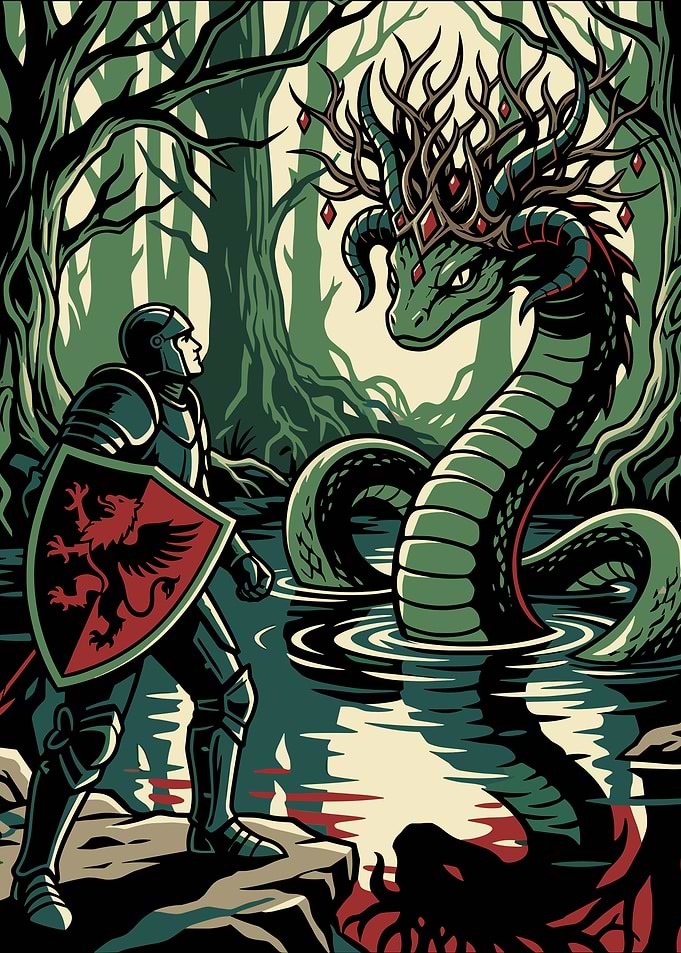 Knight Confronts Forest Serpent