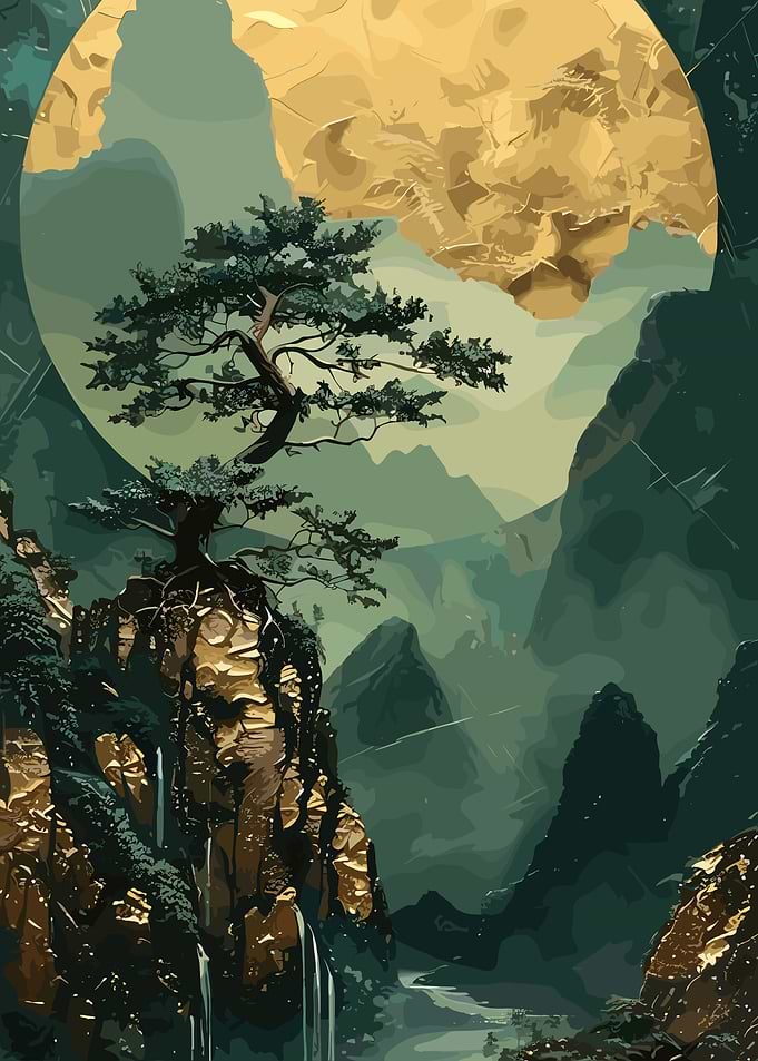 Serene Mountain Landscape with Bonsai Tree
