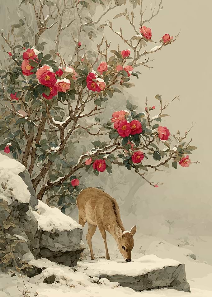 Deer in a Snowy Camellia Garden
