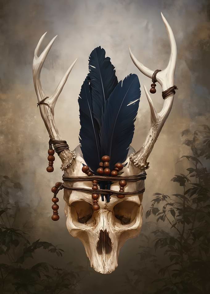 Skull with Antlers and Feathers