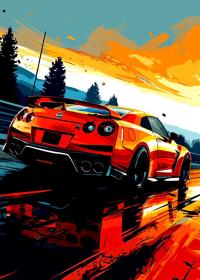 Red Nissan GT-R on a Wet Road