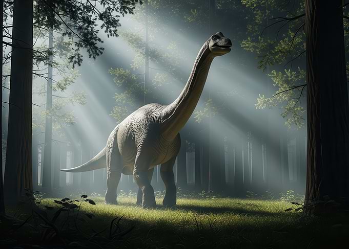 Dinosaur in a Misty Forest