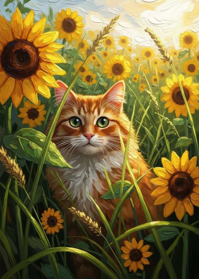 Orange Cat in Sunflower Field