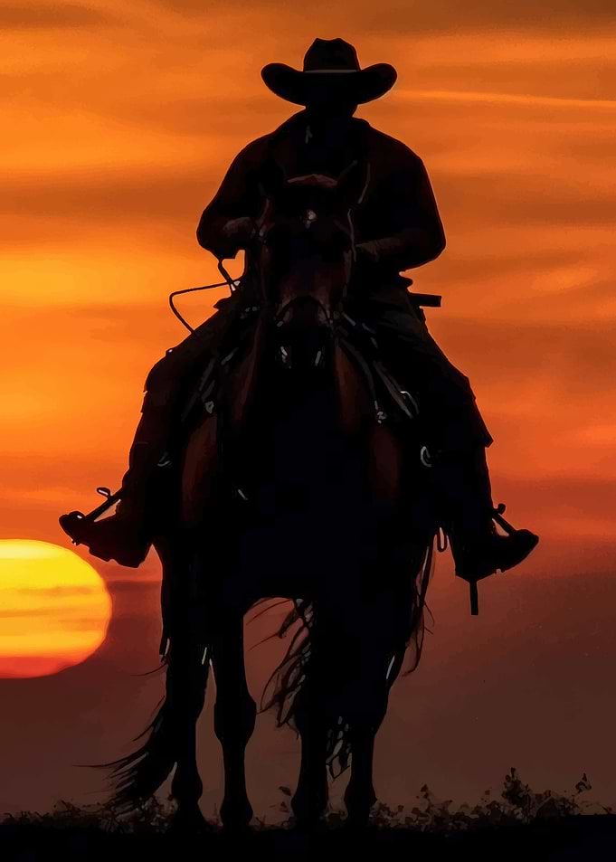 Cowboy Riding Horse at Sunset