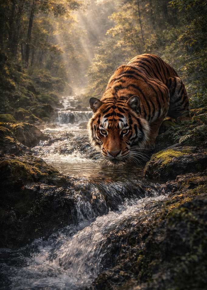 Tiger drinking from a stream