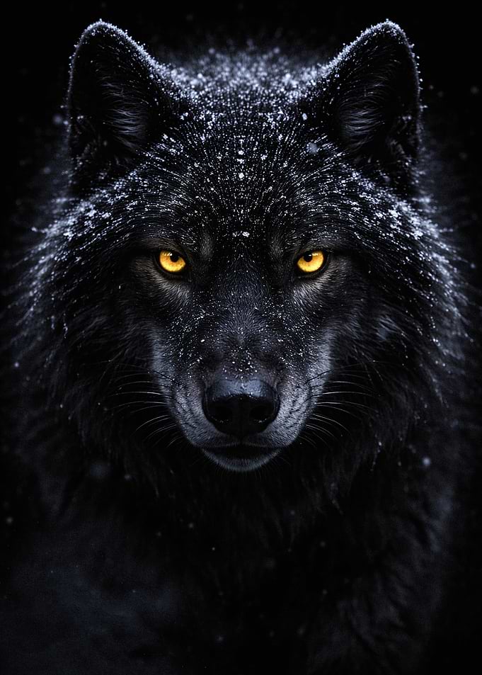 Black wolf with glowing yellow eyes