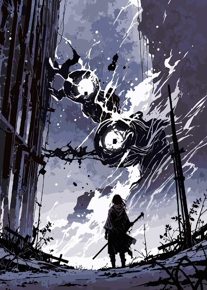 Warrior facing a dark entity