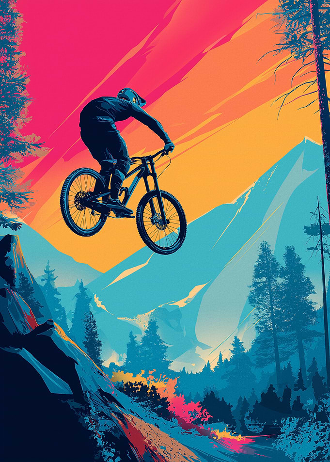 Mountain biker jumping against colorful sky