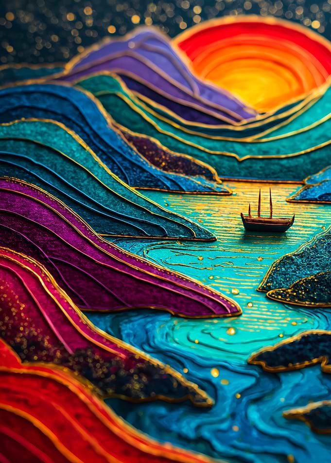 Vibrant Textured Mountain Sunset Boat Art