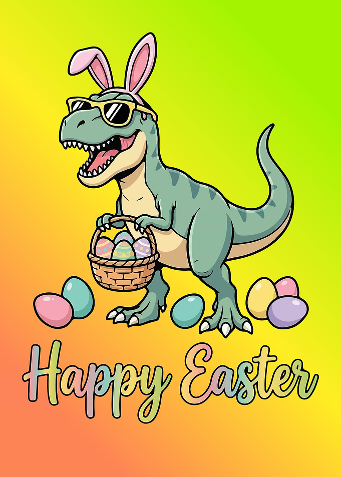 Dinosaur with Easter Bunny Ears and Eggs