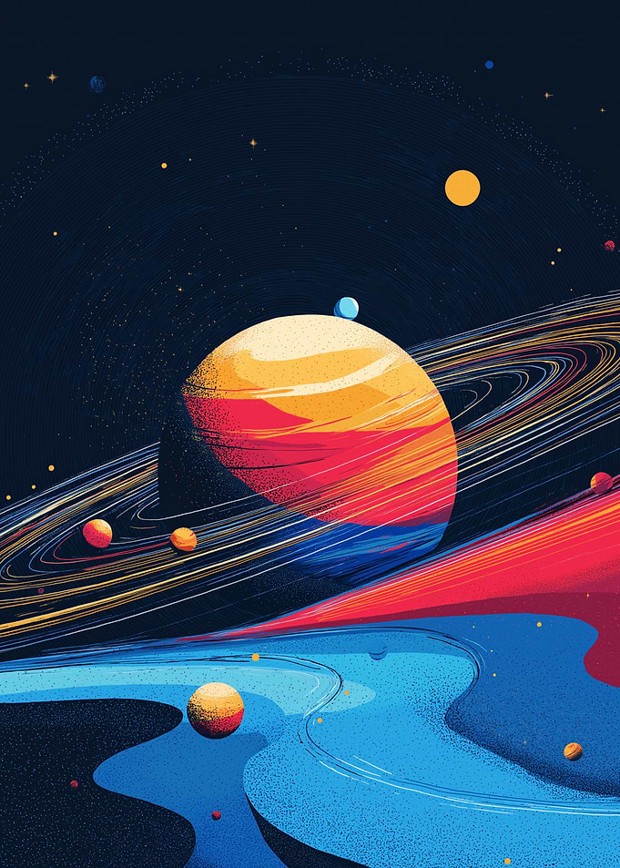 Cosmic Planet with Rings and Moons