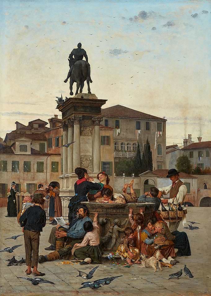 Venetian Square Scene with Children and Fountain