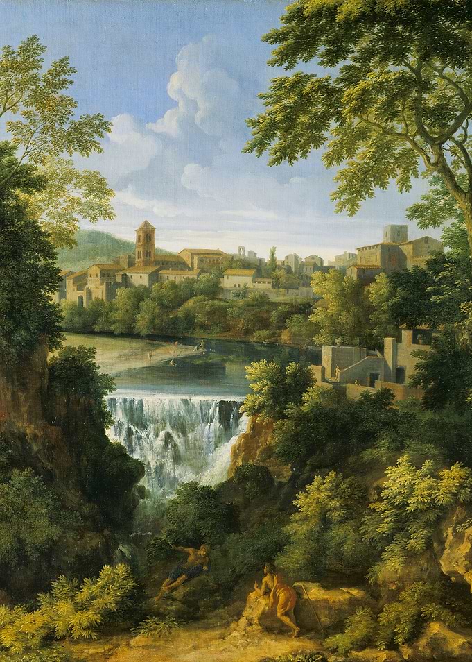 Pastoral Landscape with Waterfall and Town