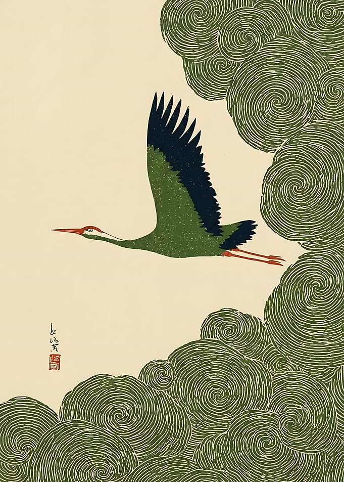 Green Crane Flying Through Swirling Clouds
