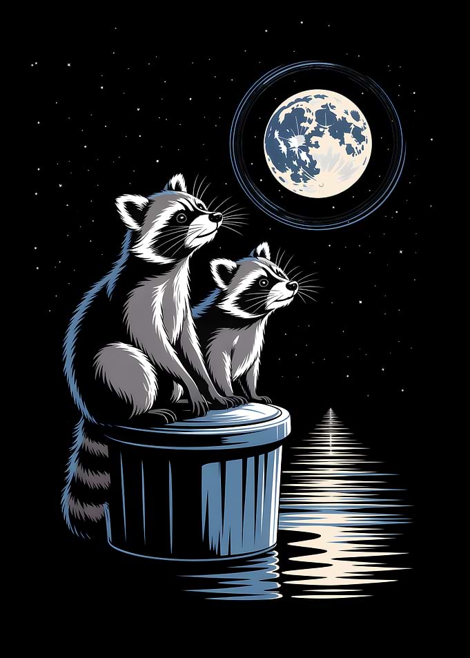 Raccoons Looking at the Moon