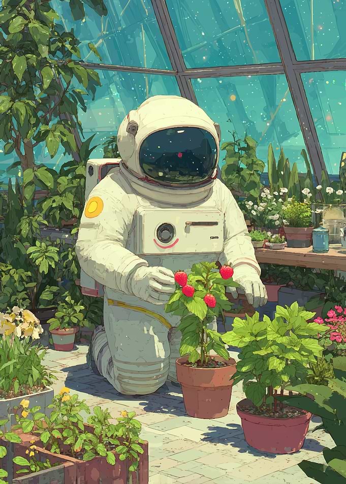 Astronaut gardening in a greenhouse