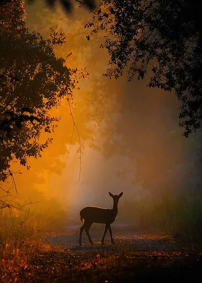 Deer in misty forest at sunrise