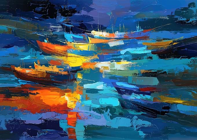 Abstract Boats in Water Painting
