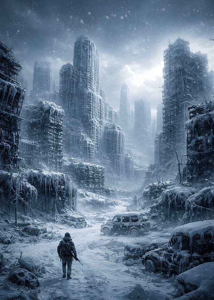 Post-apocalyptic winter cityscape