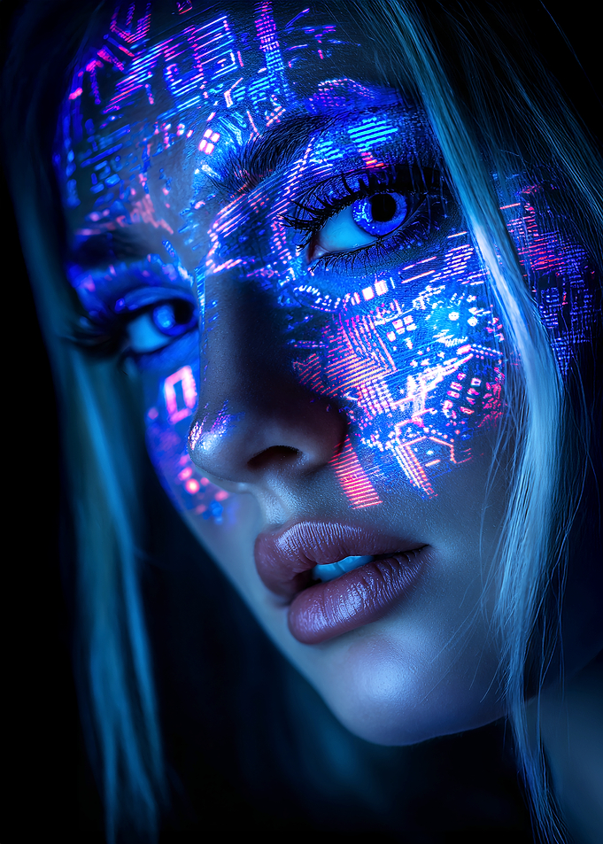 Cyberpunk Woman with Digital Face Overlay