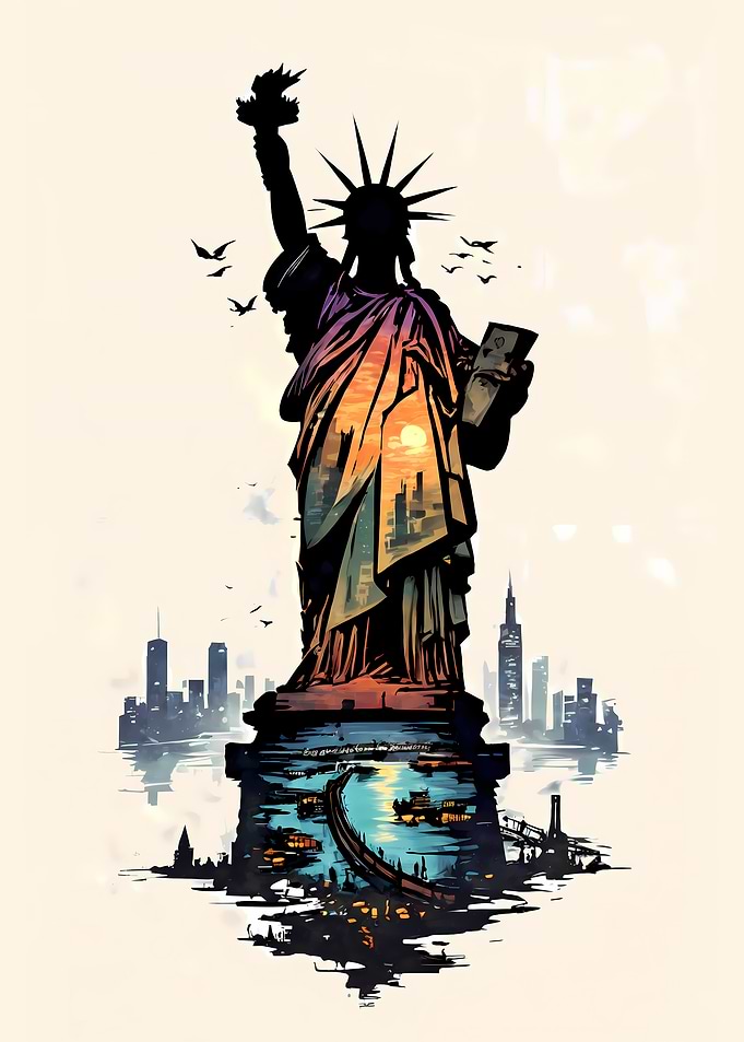Statue of Liberty Inner Skyline – Colorful Negative Space Art