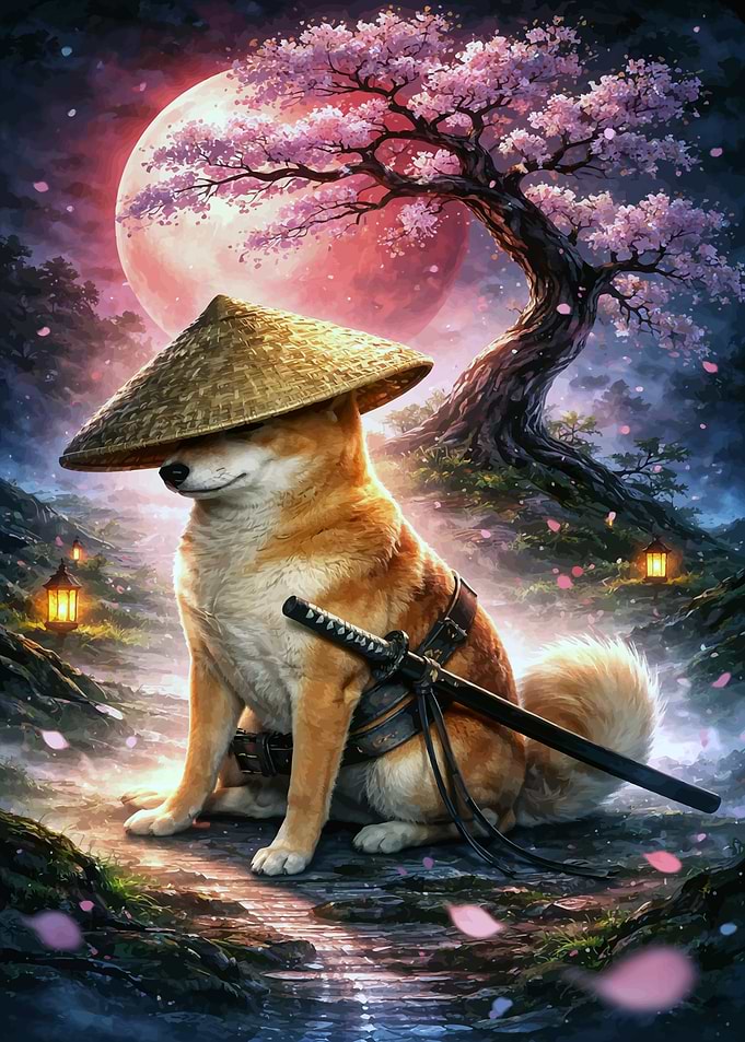 Shiba Inu Samurai Under Cherry Blossoms