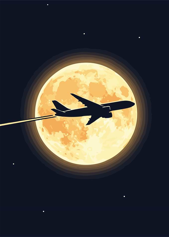 Airplane flying across the moon at night Vector Art