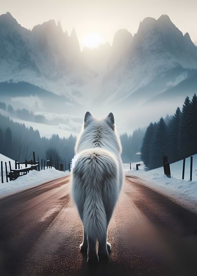 White Wolf on Snowy Road