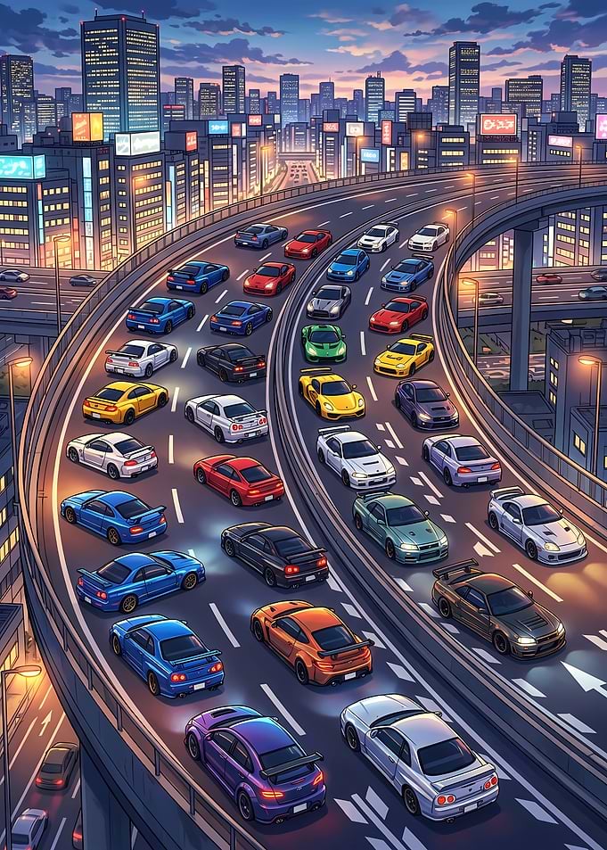 Anime Cityscape with Racing Cars