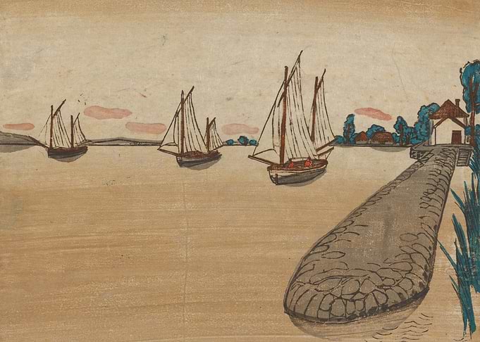 Sailboats on a calm sea near a pier