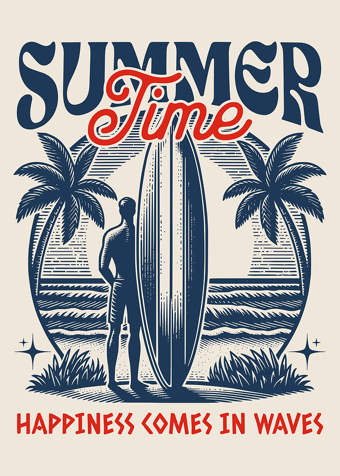 Summer Time Surf Poster, Vintage Beach Wall Art, Happiness Comes In Waves Retro Print