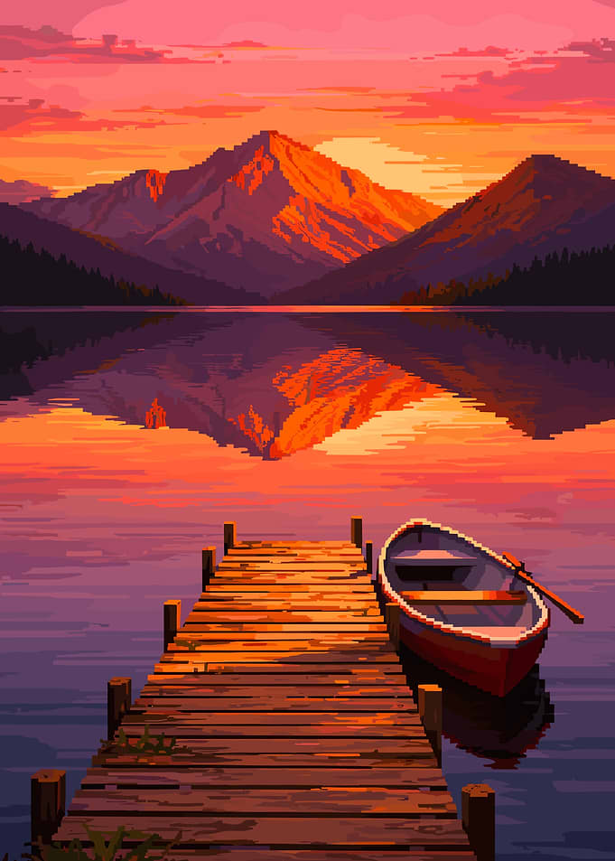 Pixel Art Sunset Dock with Boat