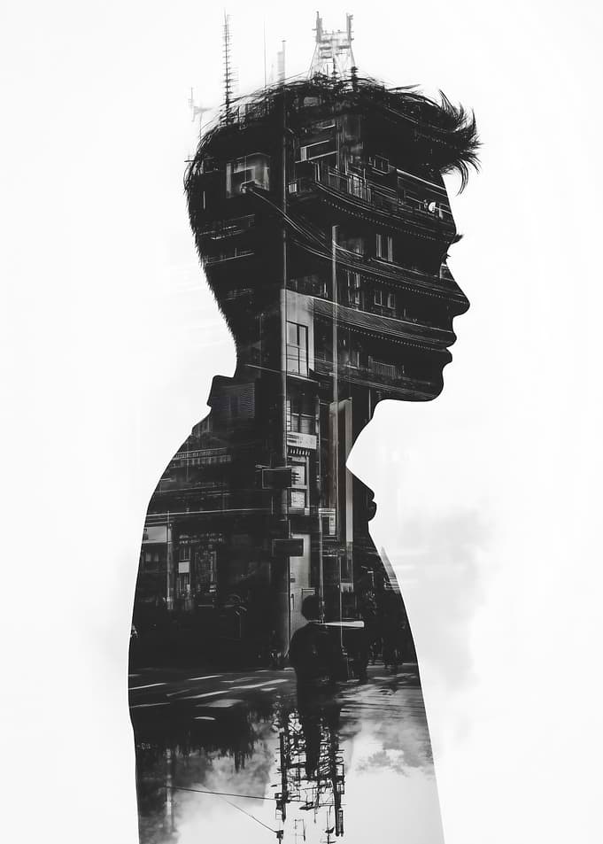 Double Exposure Silhouette of a Man and Cityscape