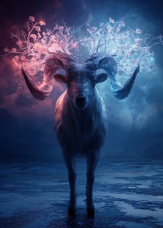 Fantasy Ram with Floral Antlers