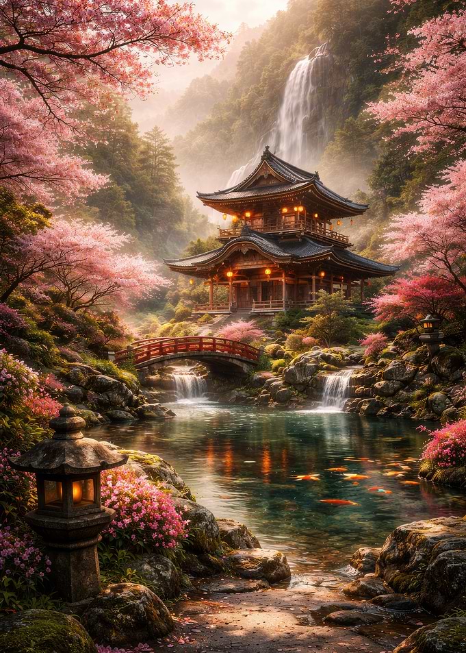 Japanese Garden with Pagoda and Waterfall