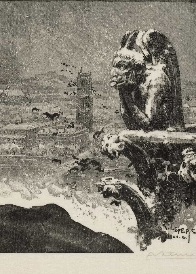 Gargoyle overlooking a snowy cityscape