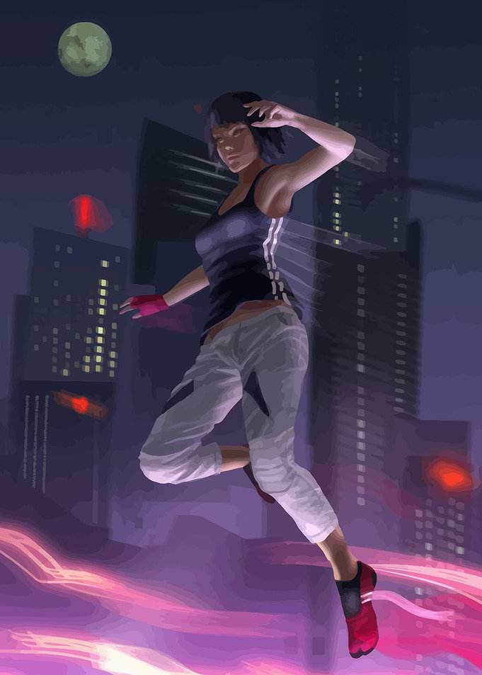 Female parkour runner in a city at night