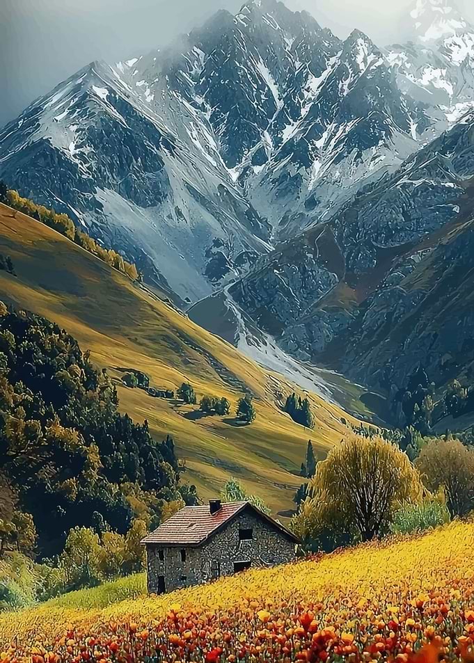 Stone house in a mountain meadow