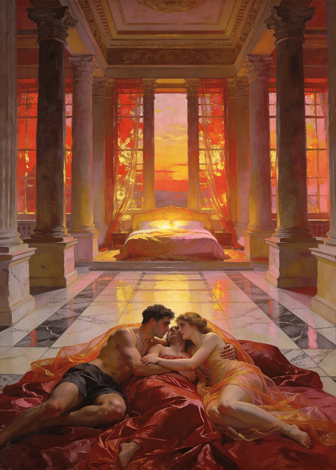 Romantic Sunset Embrace in Classical Setting