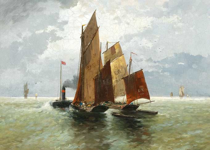 Sailing boats and steamship on the sea