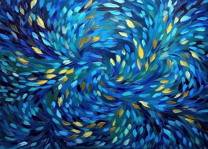 Abstract Swirling Blue and Gold Brushstrokes
