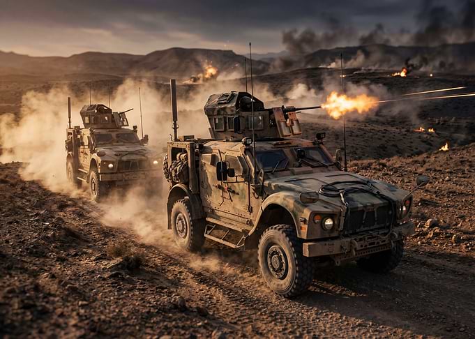 Military vehicles in combat