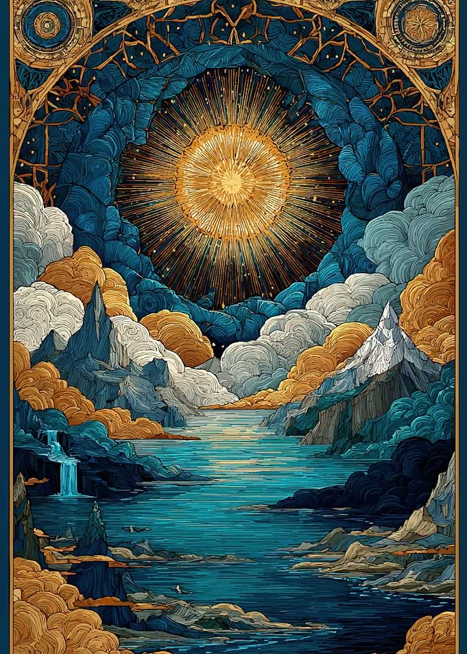 Cosmic Sun Over Mountain Lake