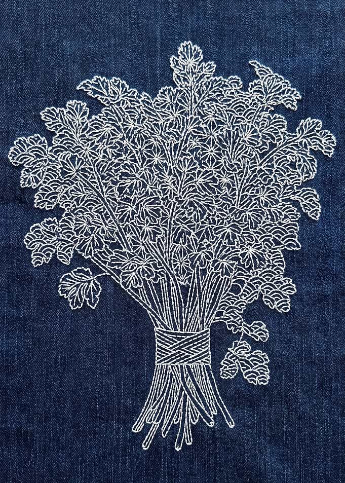 White Embroidery of Parsley on Denim